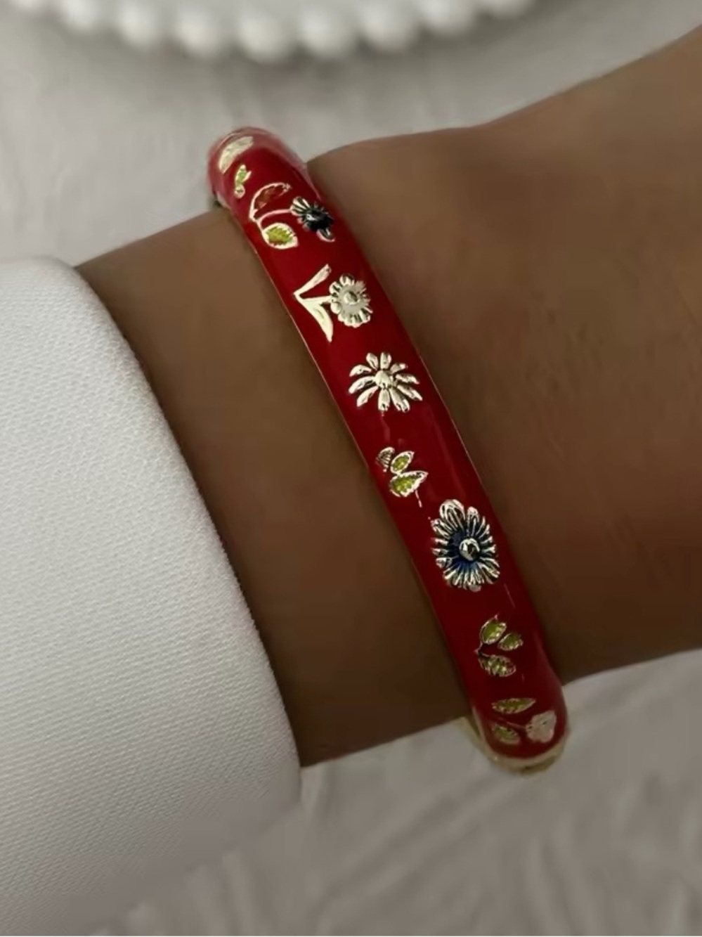 Red Floral Enamel Bangle Bracelet